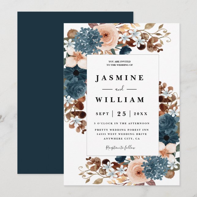 Invitation Elégant Boho Rustique Floral Navy Mariage bleu (Devant / Derrière)