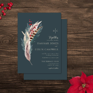 Invitation Elégant Boho Rustique Pampas & Pine Vert Tan Rouge