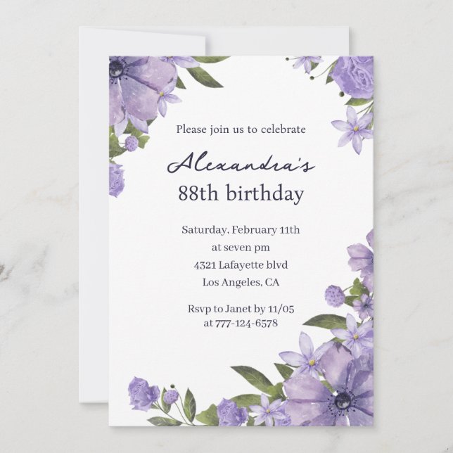 Invitation Elégant Boho violet Floral 88e anniversaire (Devant)