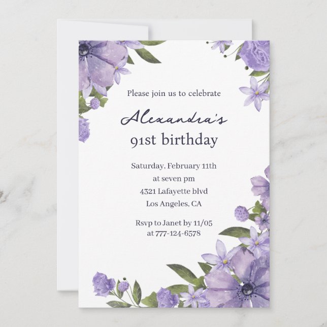Invitation Elégant Boho violet Floral 91e anniversaire (Devant)
