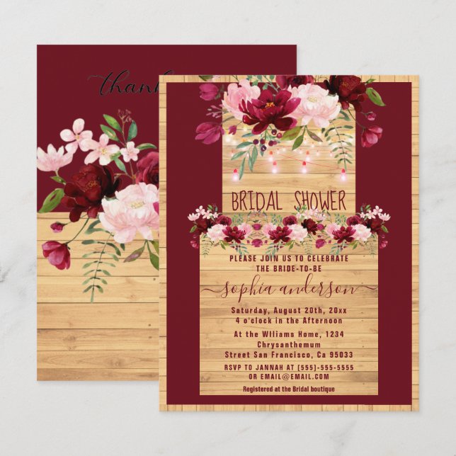 Invitation Élégant bois rustique et Fête des mariées florale (Devant / Derrière)