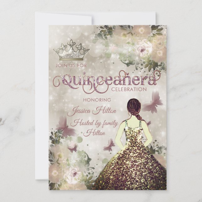 Invitation Elégant bokeh Butterfly jardin fleuri Quinceañera (Devant)