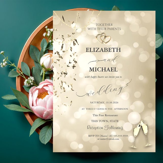 Invitation Elegant Bokeh,Confetti Wine Glasses Wedding (Créateur téléchargé)