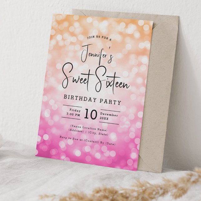 Invitation Elégant Bokeh moderne Script Sweet 16 rose orange (Elegant Bokeh Modern Script Sweet 16 Pink Orange Invitation)