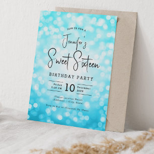 Invitation Elégant Bokeh Moderne Script Sweet 16 Turquoise