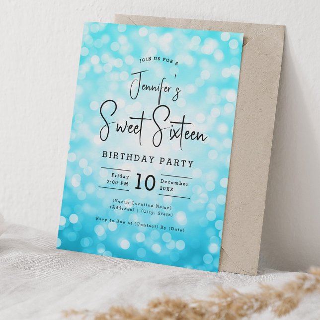 Invitation Elégant Bokeh Moderne Script Sweet 16 Turquoise (Elegant Bokeh Modern Script Sweet 16 Turquoise Invitation)