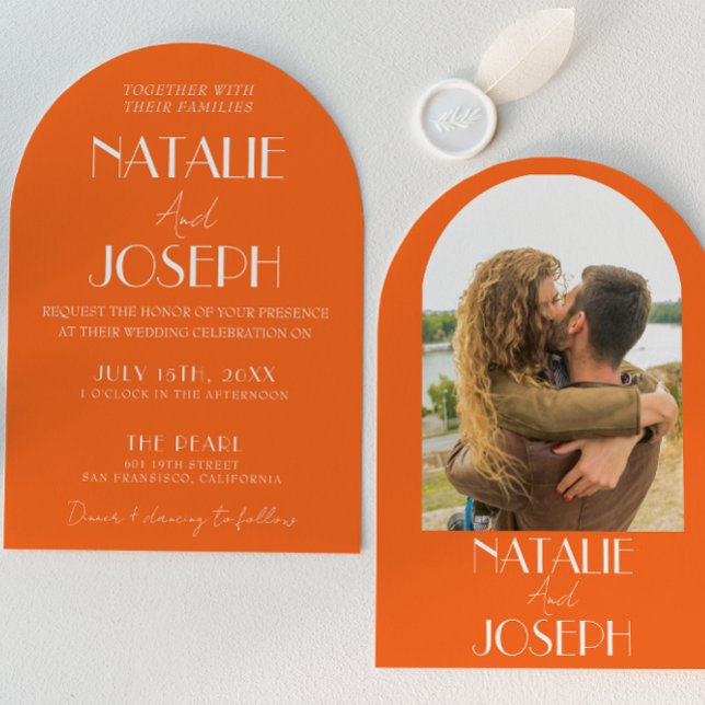 Invitation Elegant Bold Orange Retro Photo Arched Wedding (Créateur téléchargé)