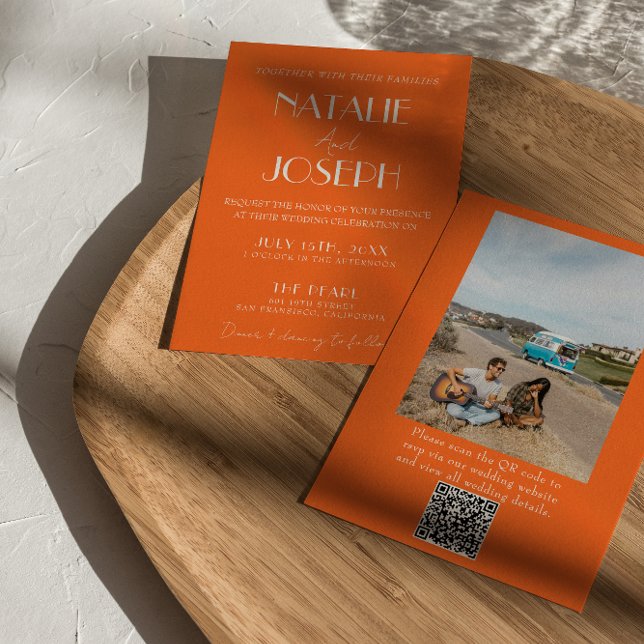 Invitation Elegant Bold Orange Stylish Photo QR Code Wedding (Créateur téléchargé)