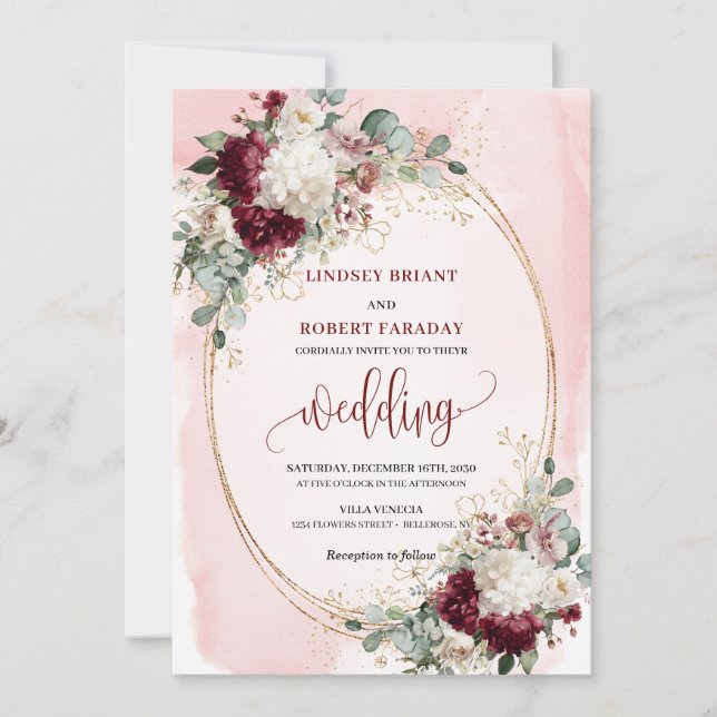Invitation Elégant bordeaux blush or rose mariage invite (Devant)