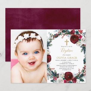 Invitation Elégant bordeaux or de Noël baptême photo