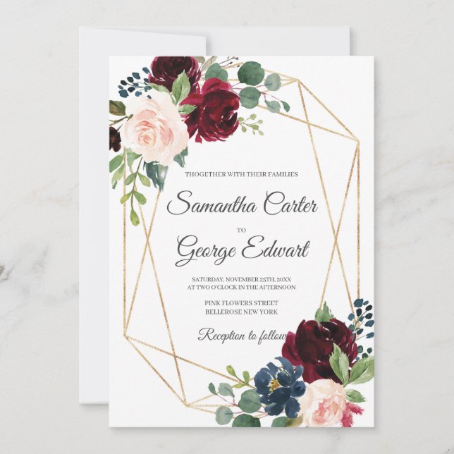 Invitation Elégant bordeaux roux et rose et floral marine (Devant)