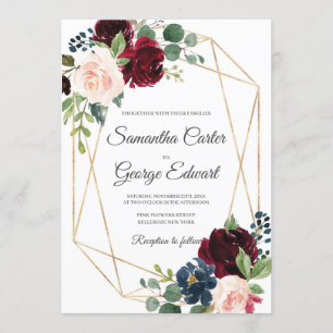 Invitation Elégant bordeaux roux et rose et floral marine