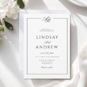Invitation Élégant Bordure Monogramme Mariage Blanc