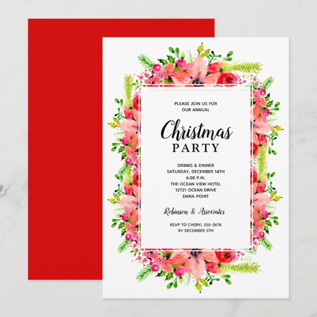 Invitation Elegant Botanical Floral Christmas Party (Devant / Derrière)