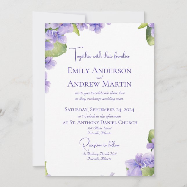 Invitation Elégant Botanique Aquarelle Violets Mariage (Devant)