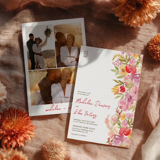 Invitation Élégant botanique fleurs sauvages 3 mariage photo (Elegant botanical boho wildflowers 3 photo wedding invitation)