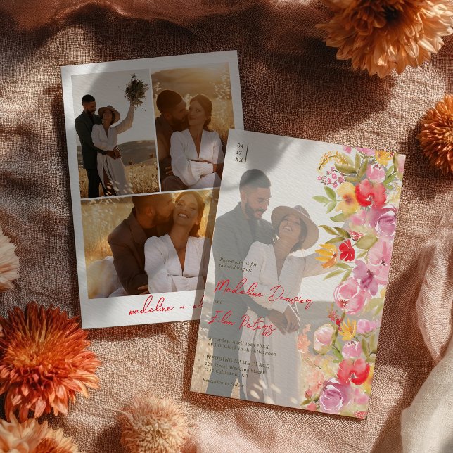 Invitation Élégant botanique fleurs sauvages 4 mariage photo (Elegant botanical boho wildflowers 4 photo wedding invitation)