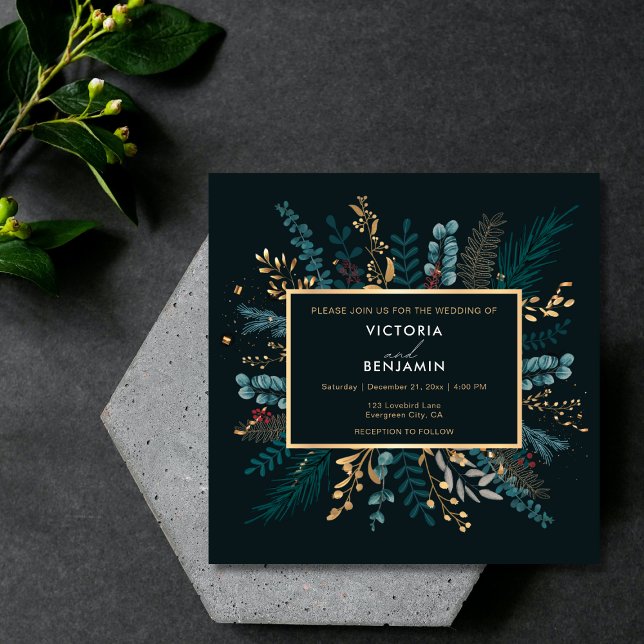Invitation Élégant Botanique Moderne Mariage de Noël (Elegant Botanical Modern Christmas Holiday Wedding Invitation)