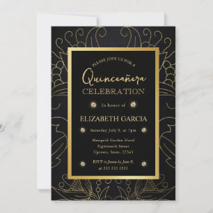 Invitation Élégant Botanique Noir et Or pour Quinceanera