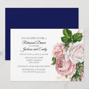 Invitation Élégant Botanique Rose Floral Navy Répétition blan
