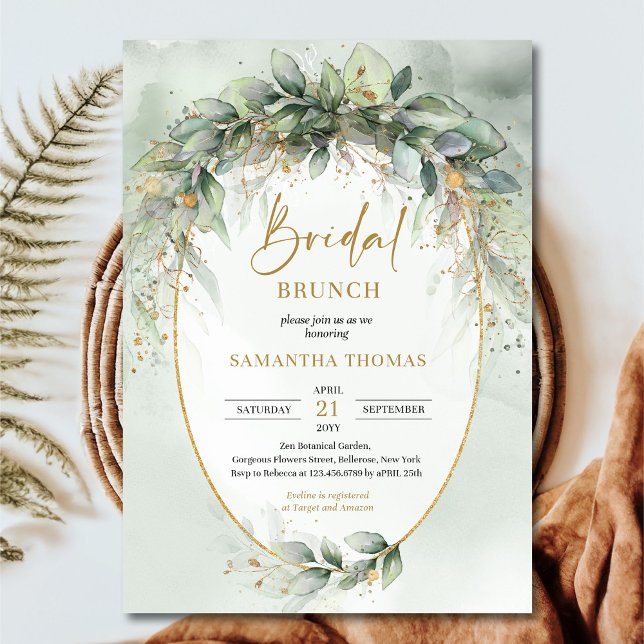Invitation Elégant botanique vert eucalyptus or géométrique (Rustic watercolor eucalyptus greenery gold brunch and bubbly invitation )