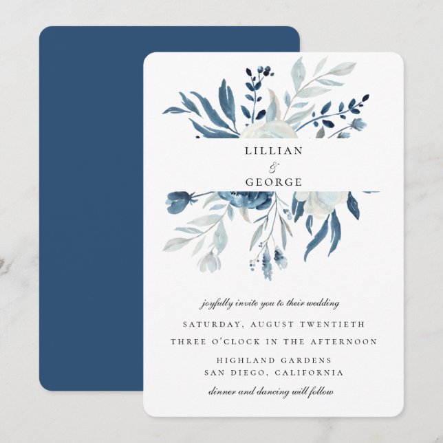 Invitation Élégant bouquet floral bleu mariage (Devant / Derrière)