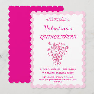 Invitation Élégant Bouquet Floral de Quinceañera Rose et Bl