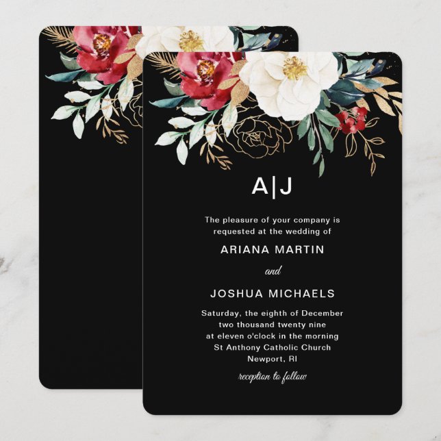 Invitation Elégant Bouquet Floral Noir Mariage de vacances (Devant / Derrière)