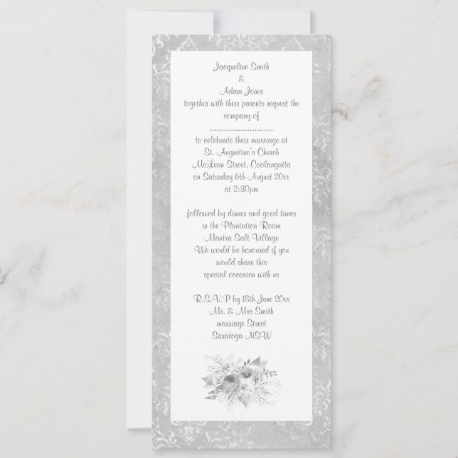 Invitation ELEGANT Bouquet noir blanc argent MARIAGE floral (Devant)
