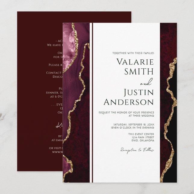 Invitation Élégant Bourgogne Agate Budget Mariage tout en un (Devant / Derrière)