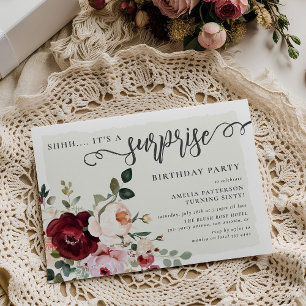 Invitation Elégant Bourgogne & Blush Floral Surprise Annivers