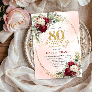 Invitation Élégant Bourgogne Bohème Botanique 80e Anniversair
