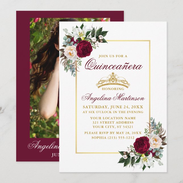 Invitation Élégant Bourgogne Floral Greenery Photo Quinceaner (Devant / Derrière)