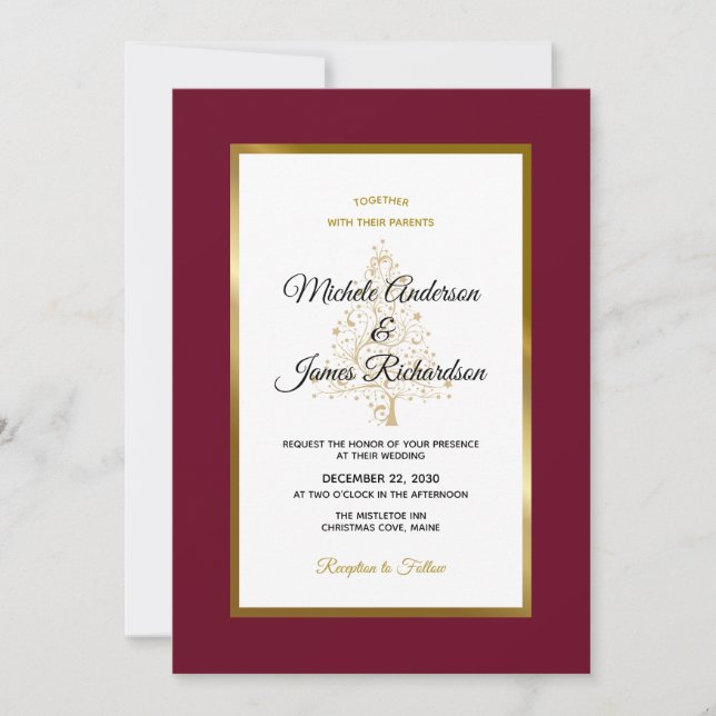 Invitation Elégant Bourgogne Gold Holiday Mariage d'hiver (Devant)