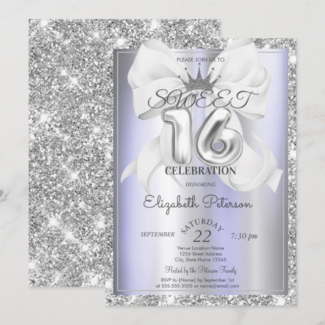 Invitation Elegant Bow,Tiara,Violet Silver Glitter Sweet 16  (Devant / Derrière)