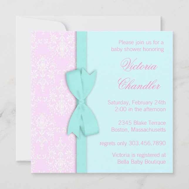 Invitation Elégant Bow Turquoise bleu rose Damask Baby Girl D (Devant)
