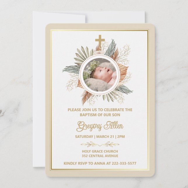 Invitation Elegant Boy Baptism Greenery Cross Photo  Invitati (Devant)
