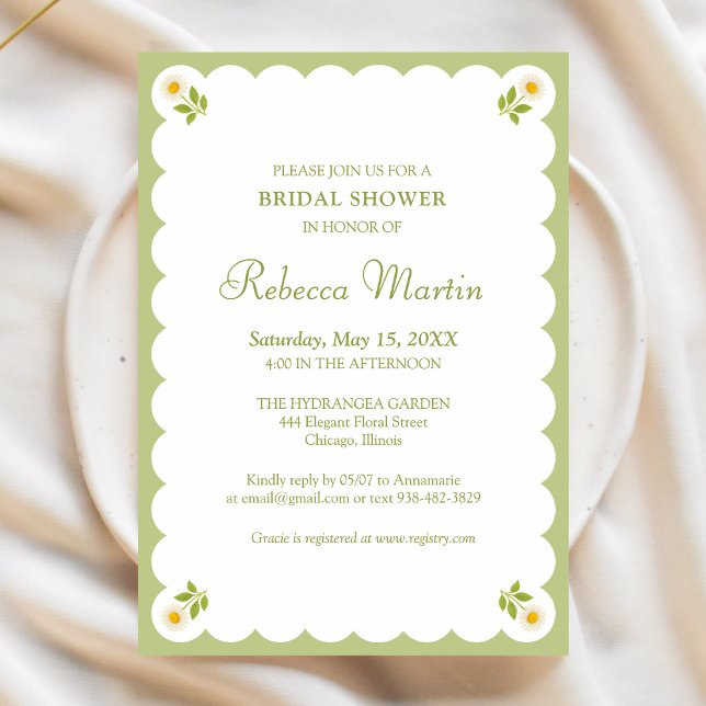 Invitation Elegant Bridal Shower Sage Green Daisy Simple Chic (Créateur téléchargé)