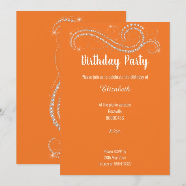INVITATION ÉLÉGANT BRIGHT ORANGE DIAMOND ANNIVERSAIRE (Devant / Derrière)
