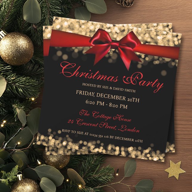 Invitation Élégant brillant or de Noël éclaire le ruban (Elegant Christmas Gold Shimmer Lights Ribbon Invitation)