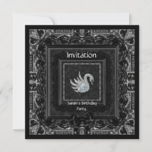 Invitation Élégant Brocart Noir Ruban de Dentelle Cygne 2
