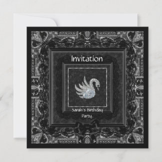 Invitation Élégant Brocart Noir Ruban de Dentelle Cygne 2