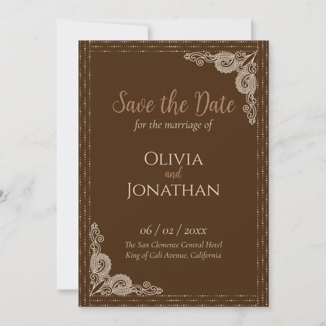 Invitation Élégant Bronze mariage orné Enregistrer la date (Devant)