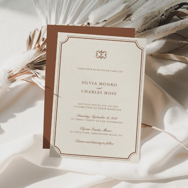Invitation Élégant Brown & Ecru Classic Script Mariage Crest (Elegant Brown & Ecru Classic Script Wedding Crest Invitation)