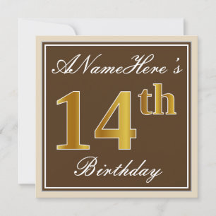 Invitation Elégant, Brown, Faux Gold 14ème anniversaire + Nom
