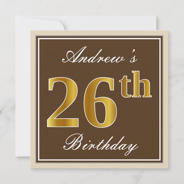 Invitation Elégant, Brown, Faux Gold 26ème anniversaire + Nom (Devant)