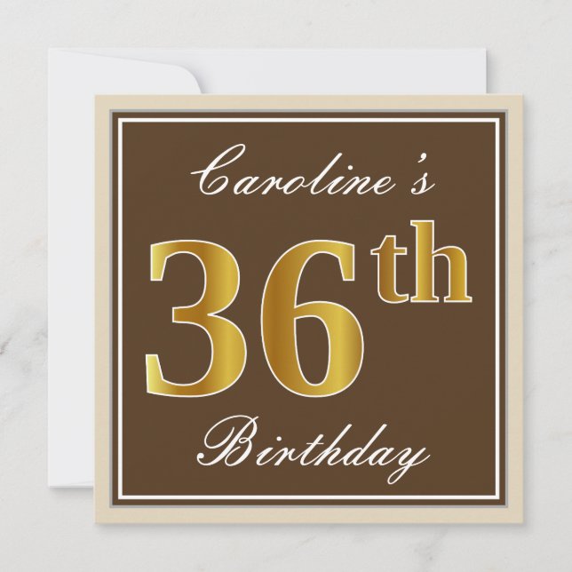 Invitation Elégant, Brown, Faux Gold 36ème anniversaire + Nom (Devant)