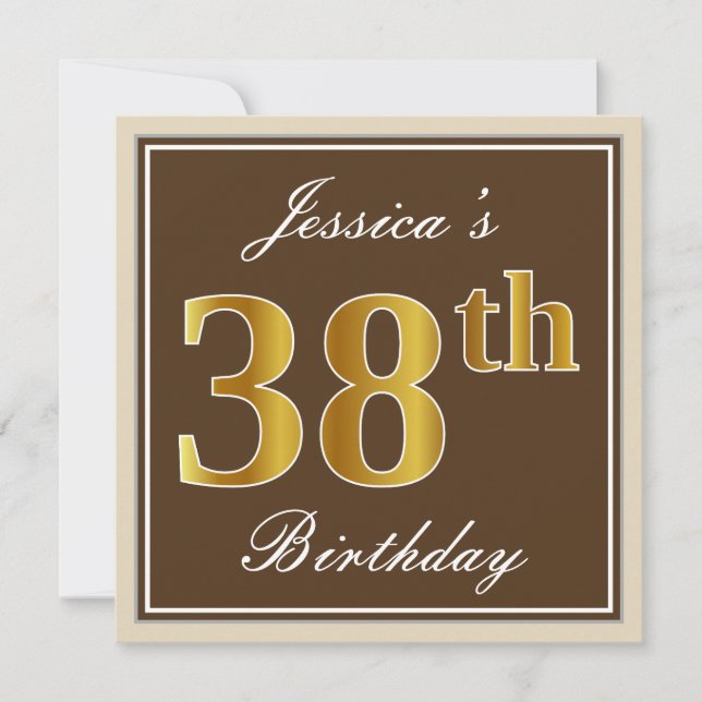 Invitation Elégant, Brown, Faux Gold 38ème anniversaire + Nom (Devant)