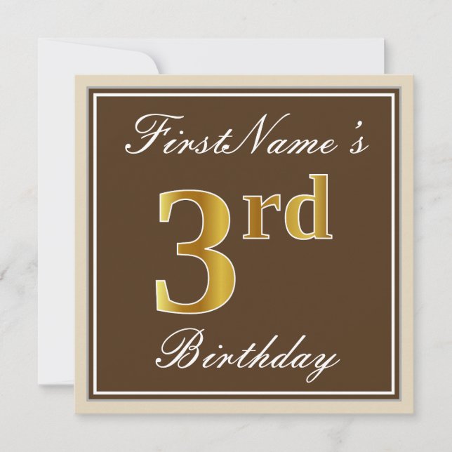 Invitation Elégant, Brown, Faux Gold 3ème anniversaire + Nom (Devant)