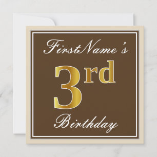Invitation Elégant, Brown, Faux Gold 3ème anniversaire + Nom